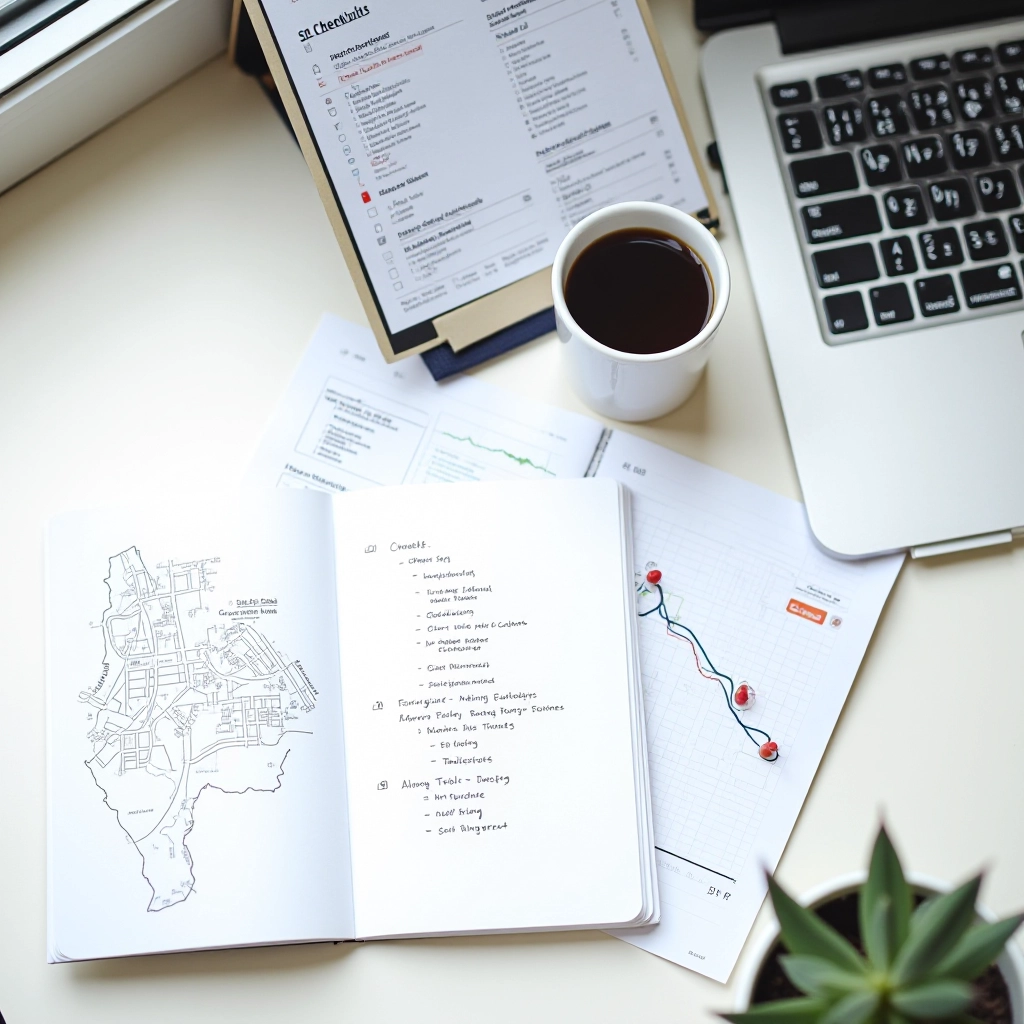 Audit Compass editorial workspace with research materials, notes, and technical documentation on desk