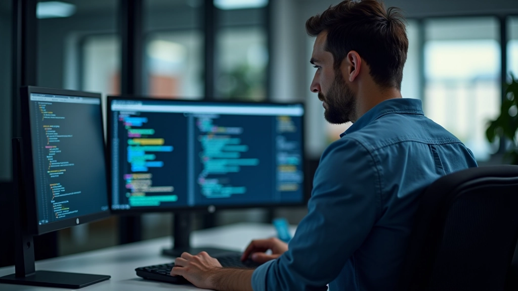 Person working at desktop computer with developer tools open showing performance audit results and metrics