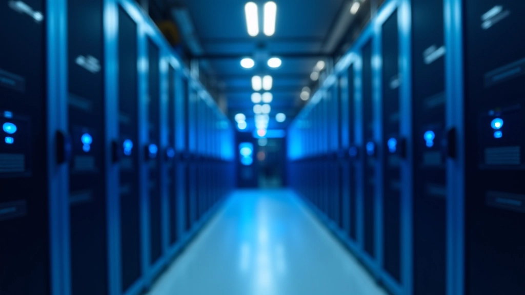 Modern server room with rows of equipment and blue LED lighting indicating network infrastructure and data processing