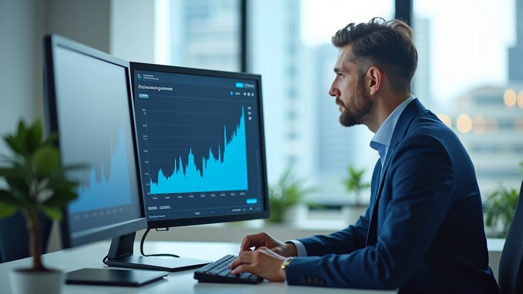 Person at desk reviewing website analytics dashboard with performance metrics displayed on multiple screens